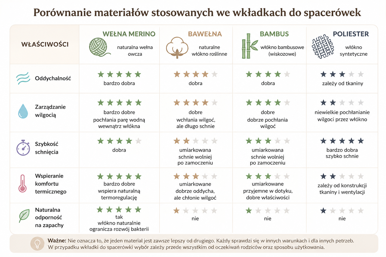 Porównanie materiału bawełna, marino, bambus, poliester